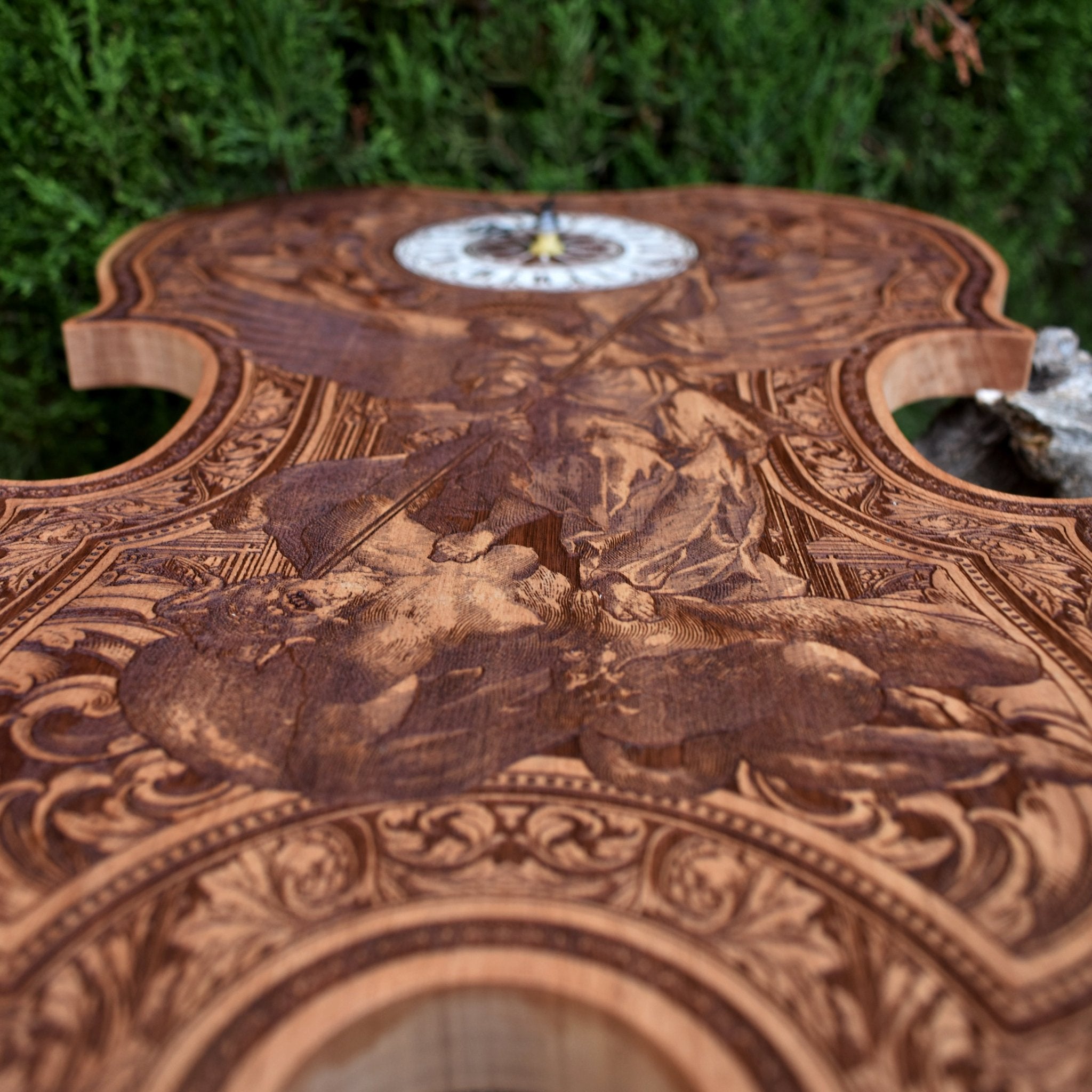 Handmade cedar wood violin clock with St. Michael laser engraving. Unique wedding & anniversary gift for music lovers & spiritual décor collectors.