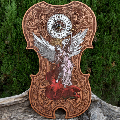 St. Michael violin clock, handcrafted from cedar wood with a gothic hand-painted design