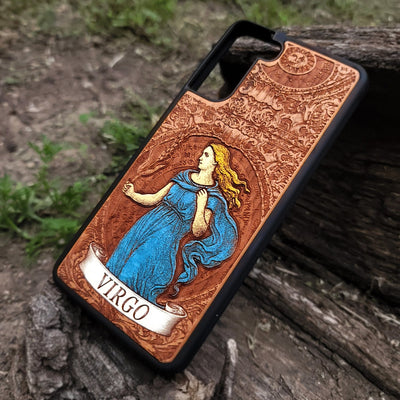 Wooden phone case with Virgo zodiac symbol engraving