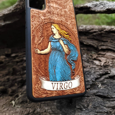 Handmade Virgo horoscope phone cover with rustic wood texture