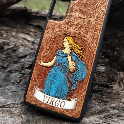Wooden phone case with Virgo zodiac symbol engraving