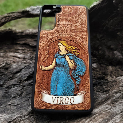 Wooden phone case with Virgo zodiac symbol engraving
