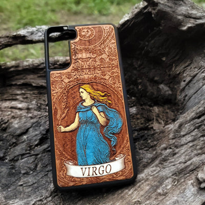 Wooden phone case with Virgo zodiac symbol engraving