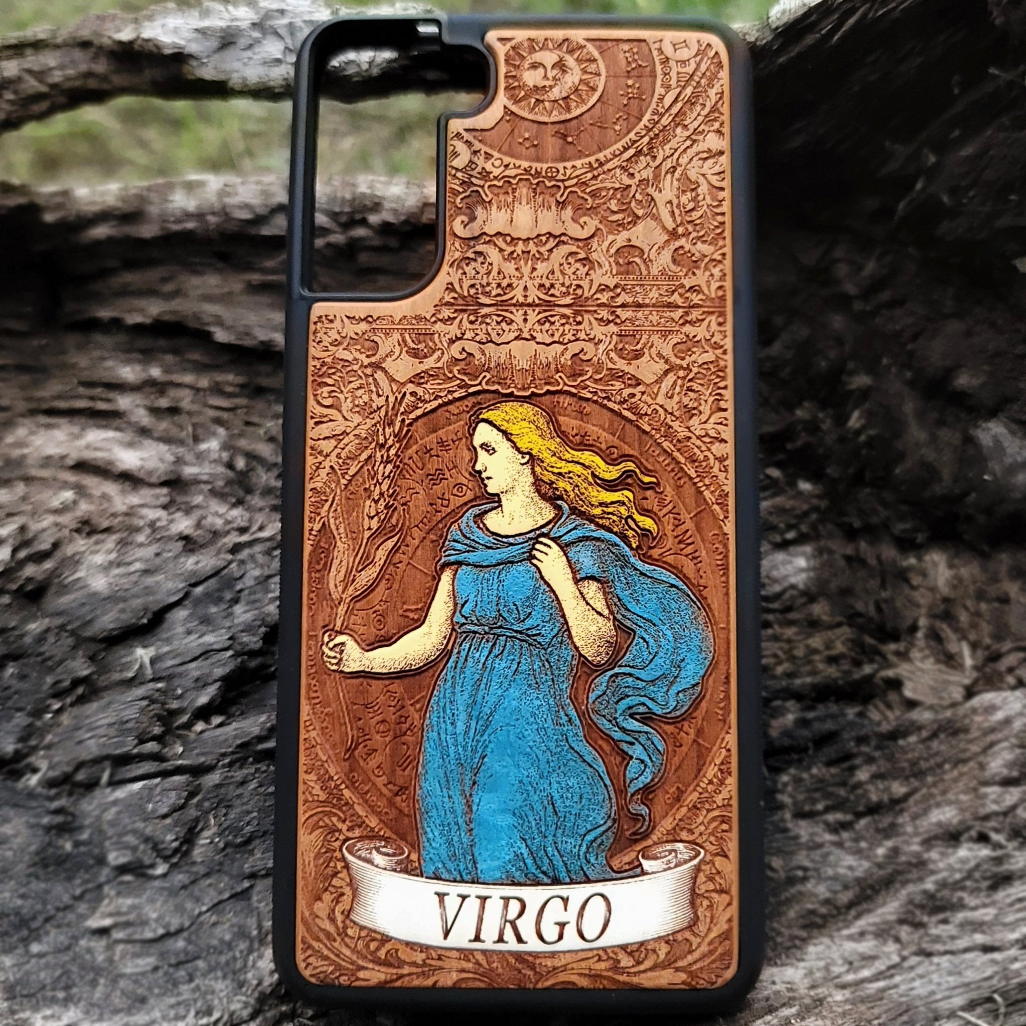 Virgo zodiac phone case with engraved wood horoscope design