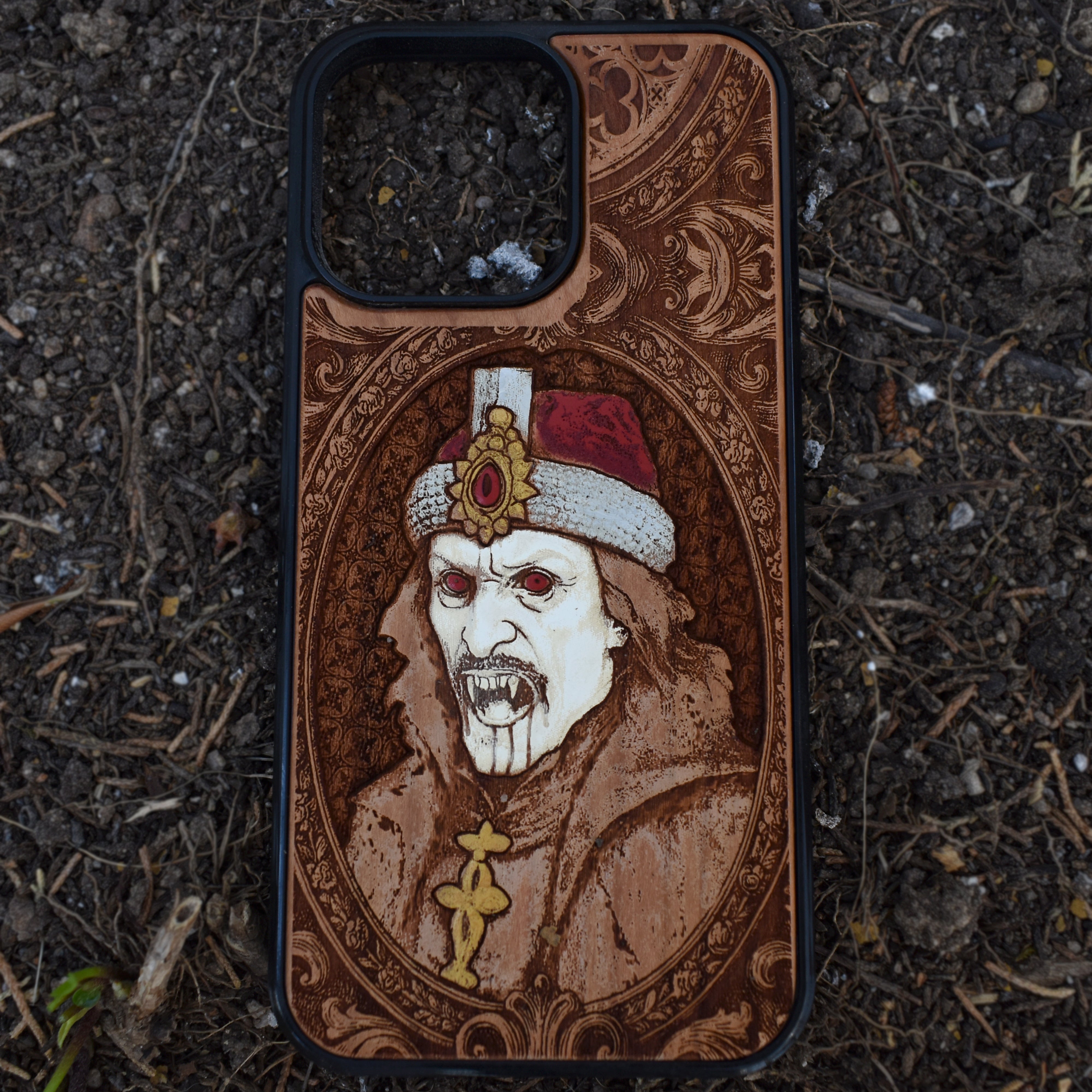 Hand-painted Dracula vampire wood phone case with gothic art for iPhone 16–11 and Samsung Galaxy S25–S20