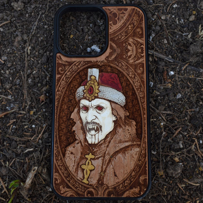 Hand-painted Dracula vampire wood phone case with gothic art for iPhone 16–11 and Samsung Galaxy S25–S20