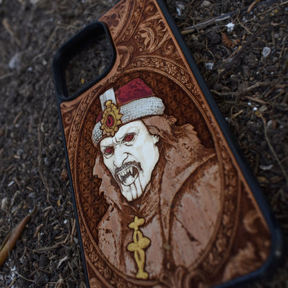 Hand-painted Dracula vampire wood phone case with gothic art for iPhone 16–11 and Samsung Galaxy S25–S20