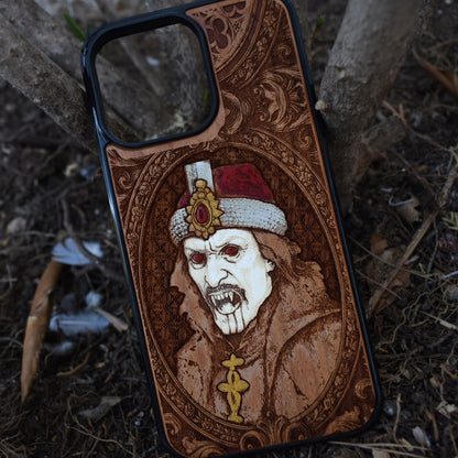 Hand-painted Dracula vampire wood phone case with gothic art for iPhone 16–11 and Samsung Galaxy S25–S20
