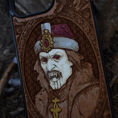 Hand-painted Dracula vampire wood phone case with gothic art for iPhone 16–11 and Samsung Galaxy S25–S20
