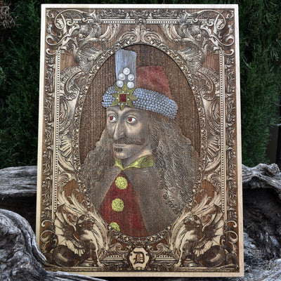Gothic wood wall art of Vlad the Impaler with detailed laser engraving