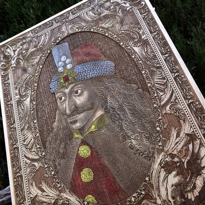 Handmade Vlad the Impaler Dracula portrait on solid maple wood.