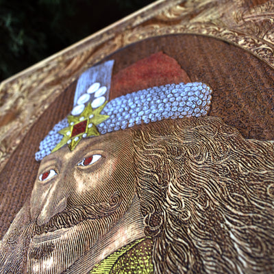 Detailed laser-carved wood art of Dracula's historical origin, Vlad.
