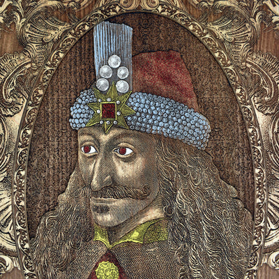 Wooden Vlad the Impaler plaque for gothic Halloween wall decor.