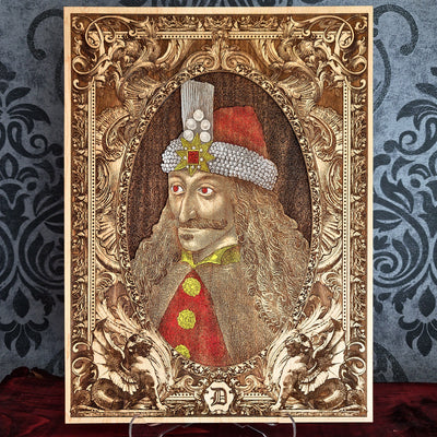Gothic wood wall art of Vlad the Impaler with detailed laser engraving
