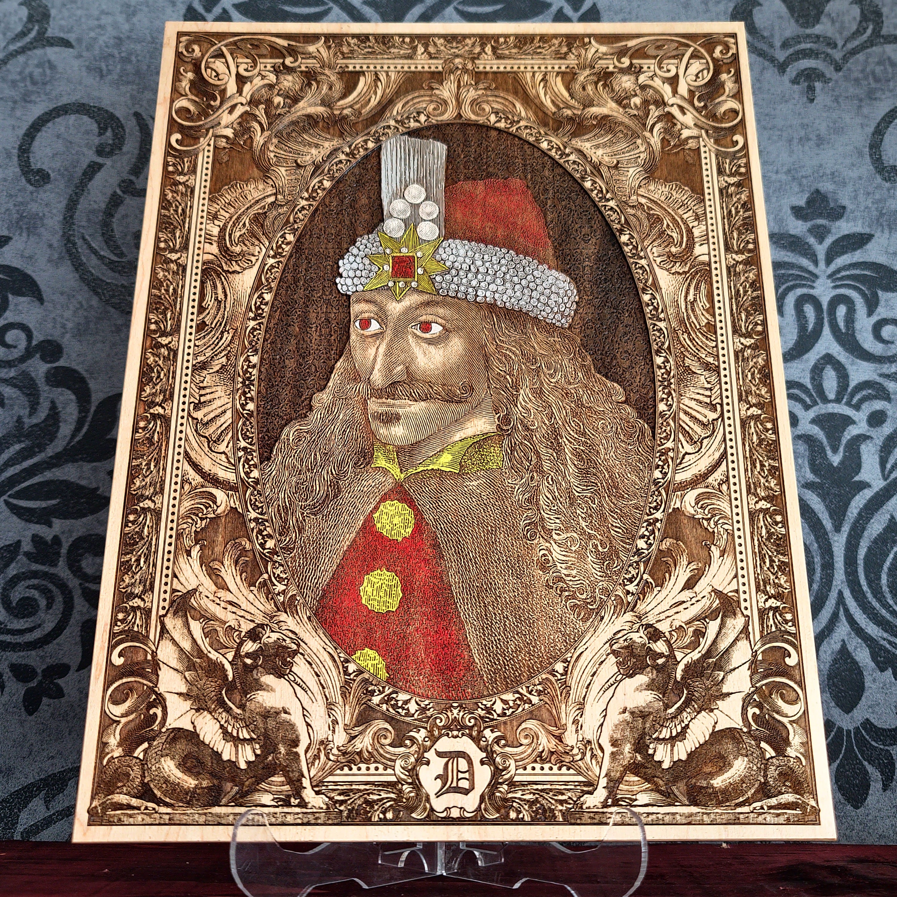 Gothic wood wall art of Vlad the Impaler with detailed laser engraving