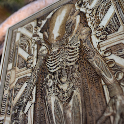 Unique alien artwork on wood, inspired by iconic movie monsters