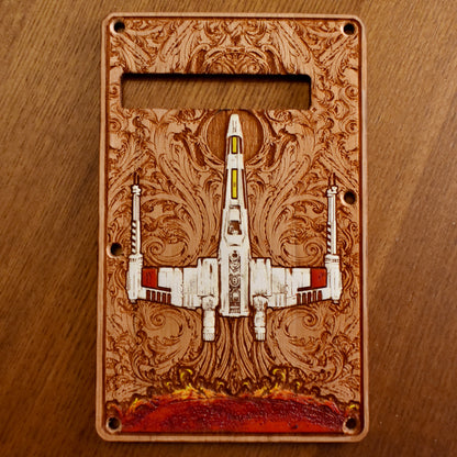 X-Wing Painted Tremolo Cover for Stratocaster Electric Guitar – gothic art, engraved wood, dark fantasy, skeleton design, artisan crafted