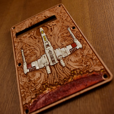 X-Wing Painted Tremolo Cover for Stratocaster Electric Guitar – gothic art, engraved wood, dark fantasy, skeleton design, artisan crafted