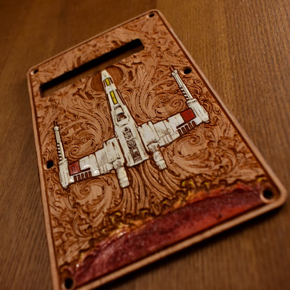 X-Wing Painted Tremolo Cover for Stratocaster Electric Guitar – gothic art, engraved wood, dark fantasy, skeleton design, artisan crafted