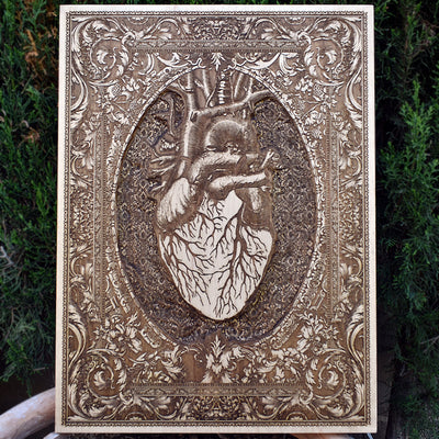 Heart - Hand Carved - Large – gothic art, engraved wood, dark fantasy, skeleton design, artisan crafted