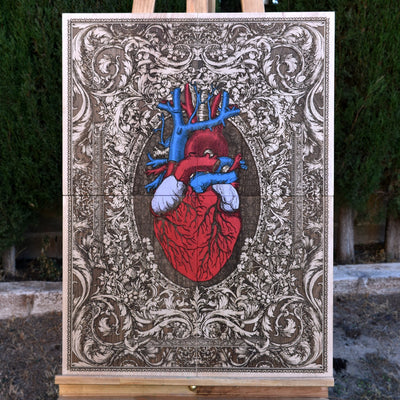 Hand-painted anatomical heart artwork on premium maple wood, featuring intricate brushwork and a rich, natural wood grain for a unique artistic wall piece.