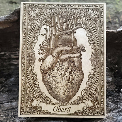 Personalized anatomical heart artwork on wood with custom banner text