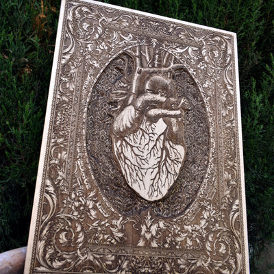 Gothic engraved wood art – gothic art, engraved wood, dark fantasy, skeleton design, artisan crafted