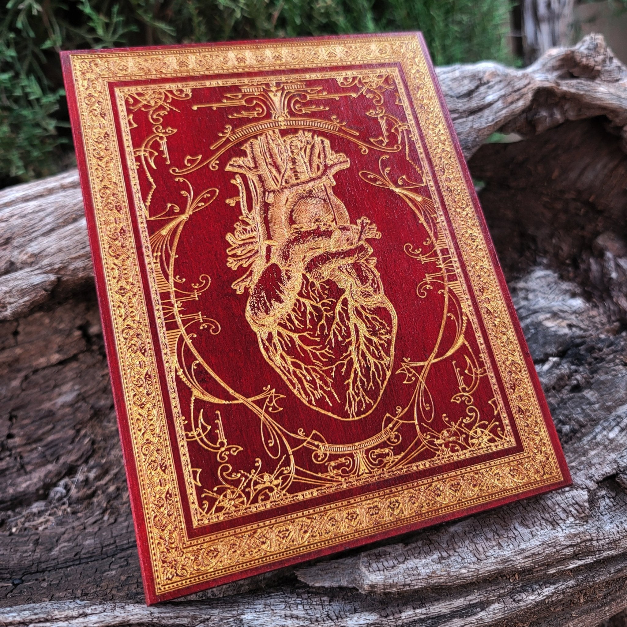 Romantic anatomical heart decor piece symbolizing love, featuring a red and gold design on wood.