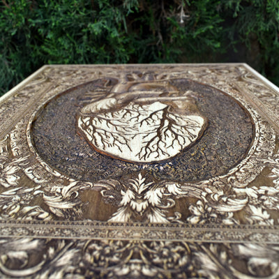 Gothic engraved wood art – gothic art, engraved wood, dark fantasy, skeleton design, artisan crafted