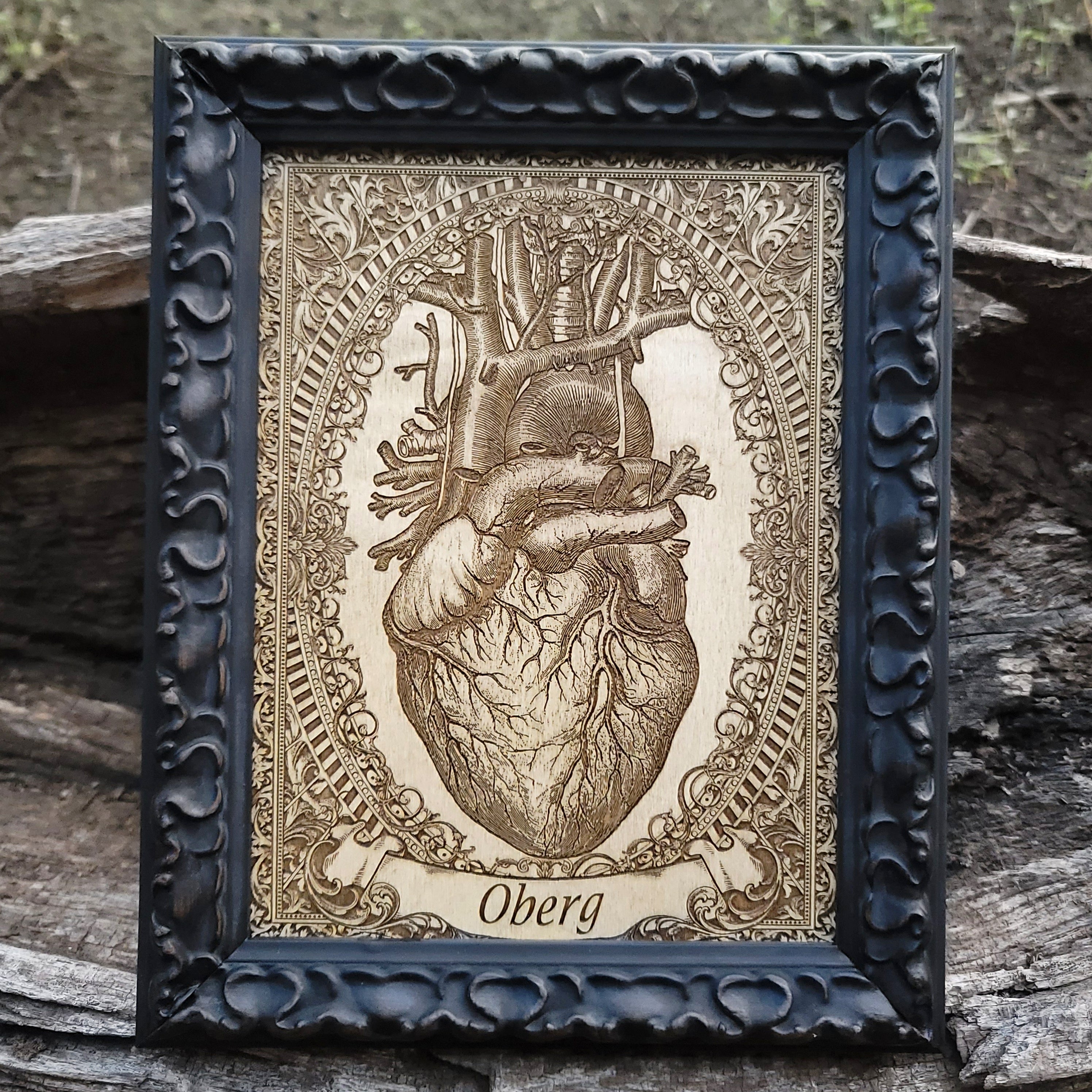 Wooden anatomical heart art with custom banner, perfect gift idea