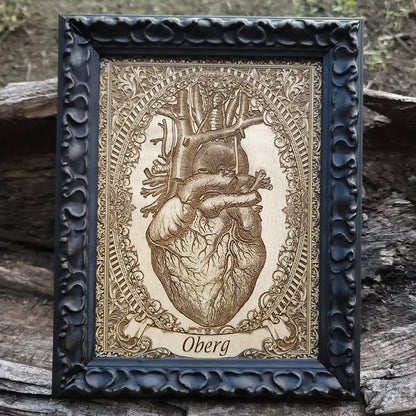 Wooden anatomical heart art with custom banner, perfect gift idea