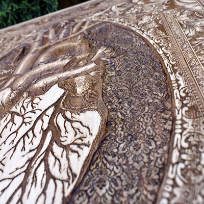 Gothic engraved wood art – gothic art, engraved wood, dark fantasy, skeleton design, artisan crafted