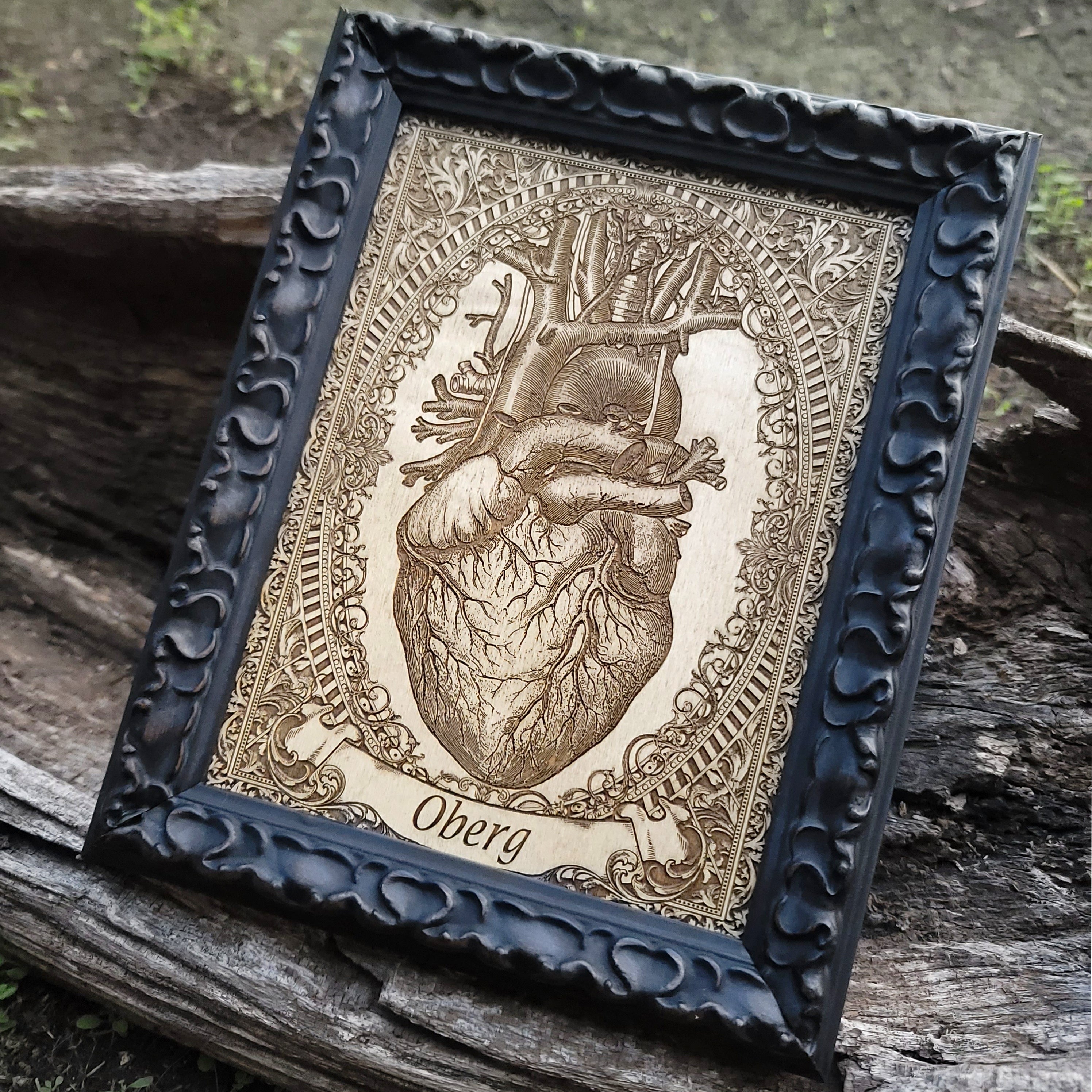 Custom anatomical heart on wood with unique text banner customization