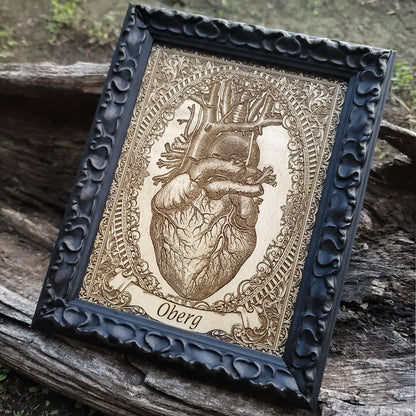 Custom anatomical heart on wood with unique text banner customization