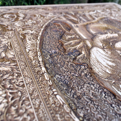 Gothic engraved wood art – gothic art, engraved wood, dark fantasy, skeleton design, artisan crafted