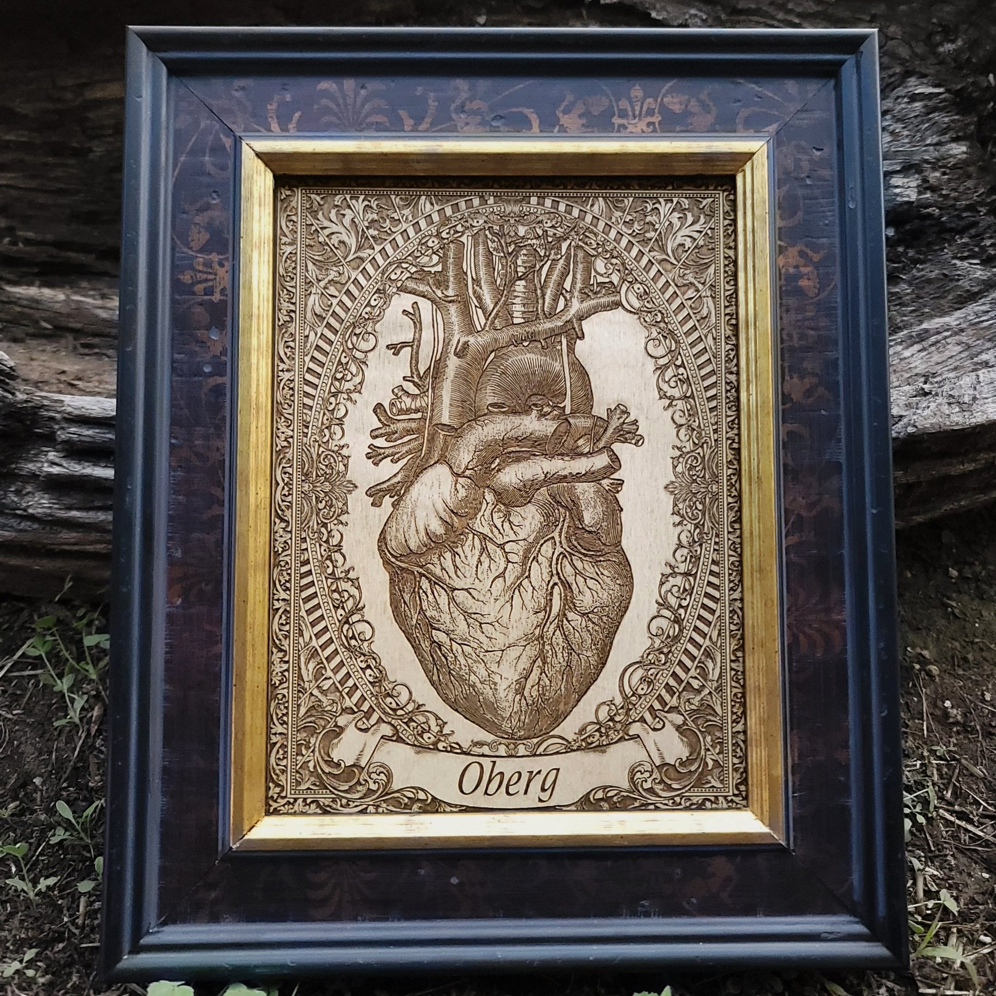 Personalized anatomical heart wood art with banner engraving for special occasions