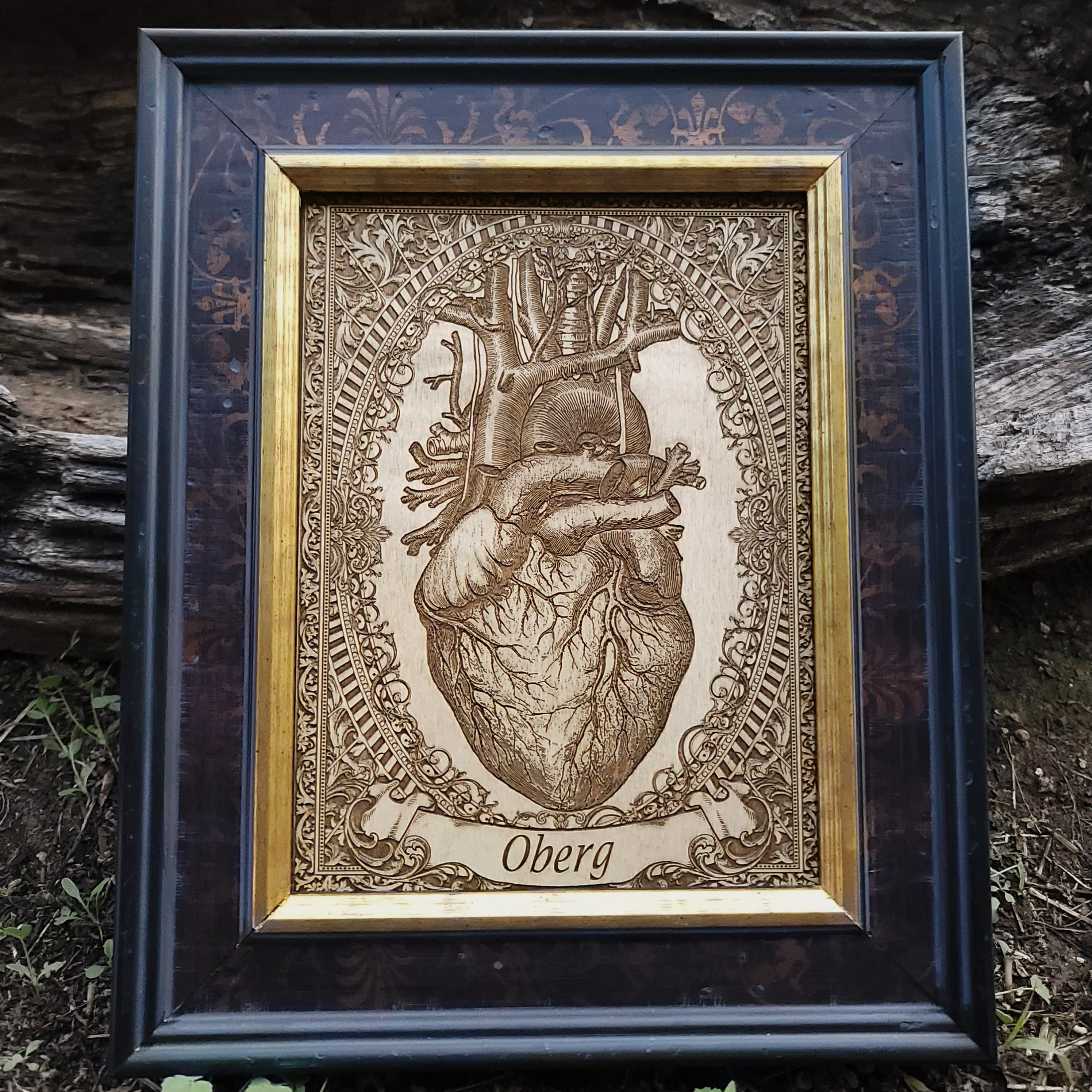 Personalized anatomical heart wood art with banner engraving for special occasions