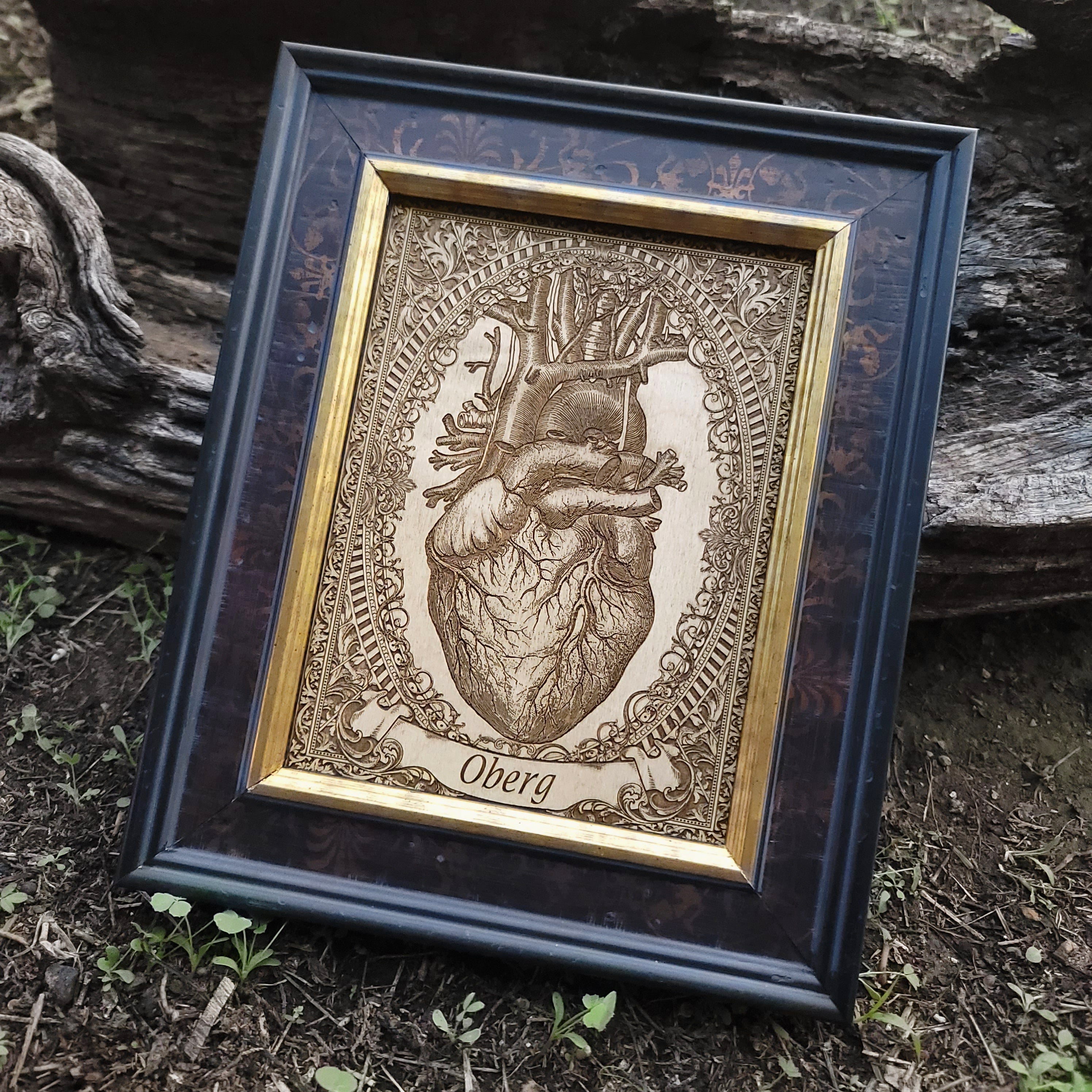 Custom wooden anatomical heart with engraved text banner, perfect for gifts