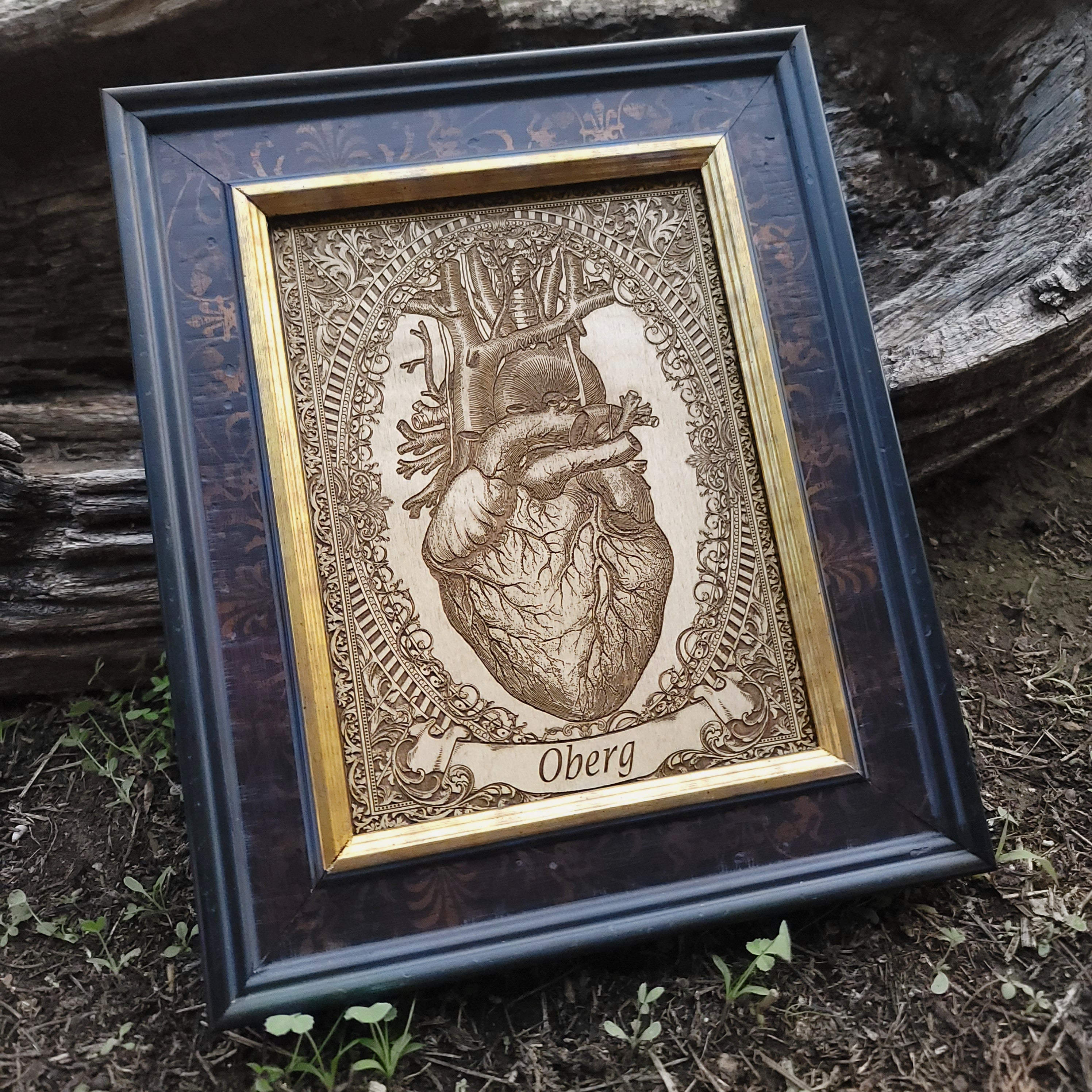 Engraved anatomical heart on wood with custom banner for personalization