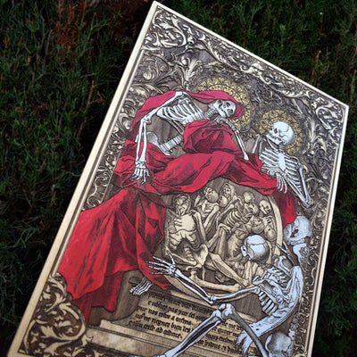 Gothic engraved wood art – gothic art, engraved wood, dark fantasy, skeleton design, artisan crafted