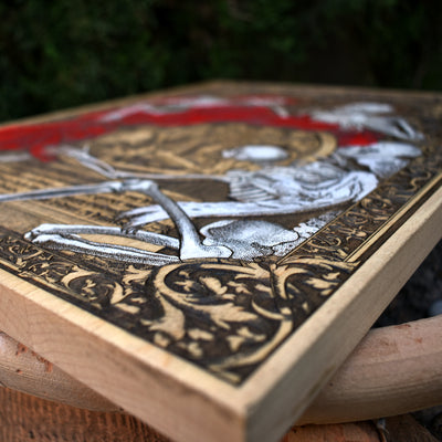 Gothic engraved wood art – gothic art, engraved wood, dark fantasy, skeleton design, artisan crafted