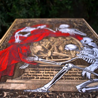 Gothic engraved wood art – gothic art, engraved wood, dark fantasy, skeleton design, artisan crafted