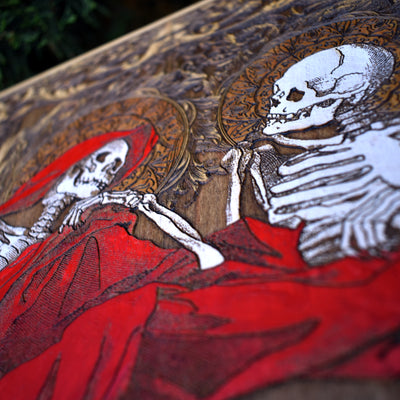 Gothic engraved wood art – gothic art, engraved wood, dark fantasy, skeleton design, artisan crafted
