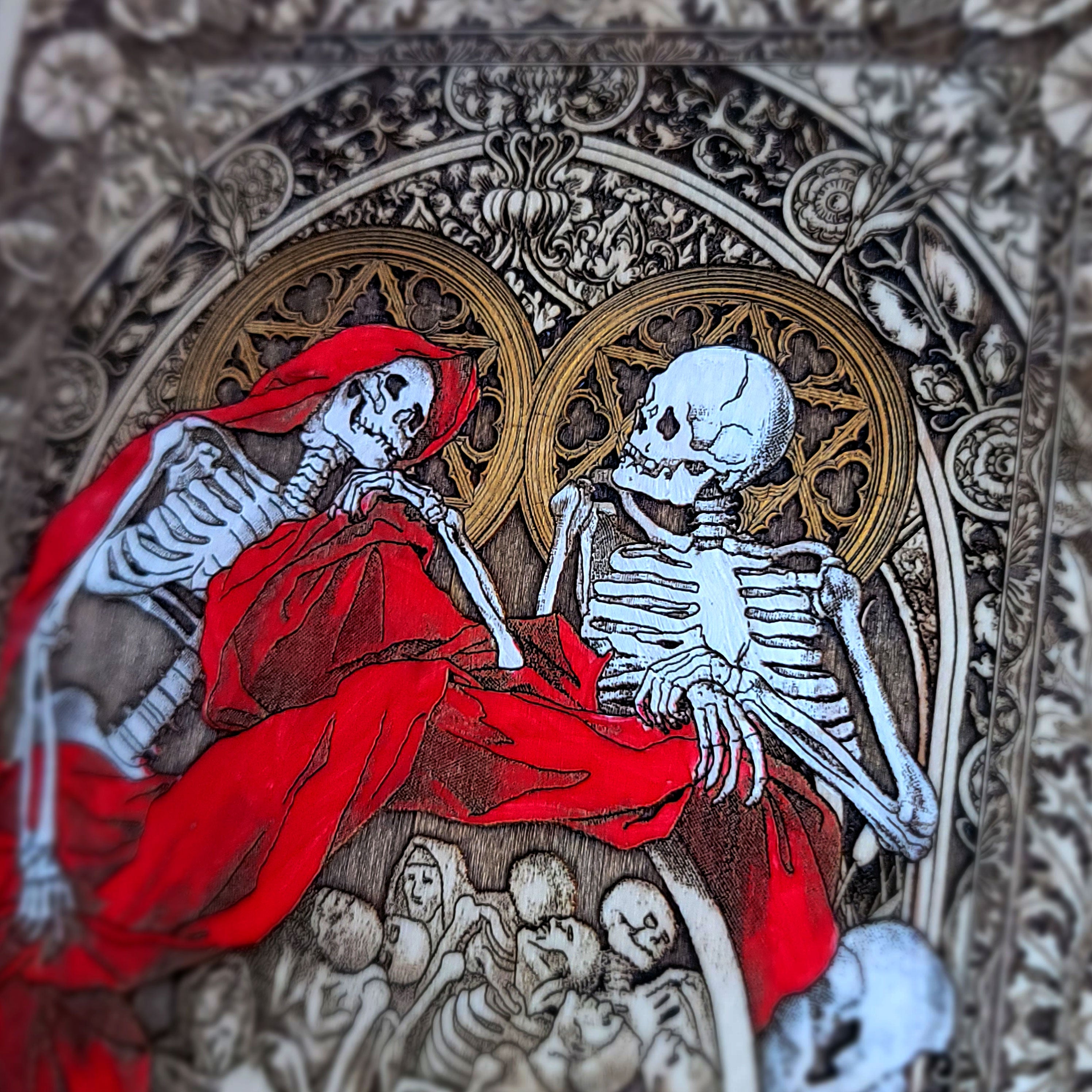 Artistic depiction of skeletons in red clothing with intricate background