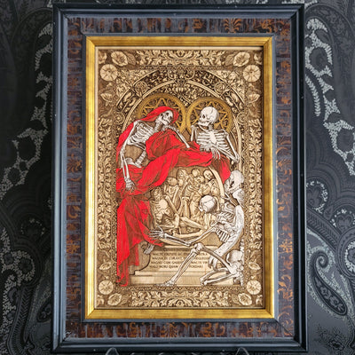 Decorative artwork with skeletons and red fabric in a ornate frame on a patterned background