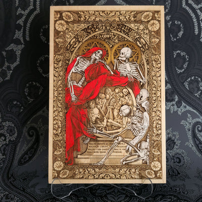 Decorative print with skeletons and a red cloth on an ornate background