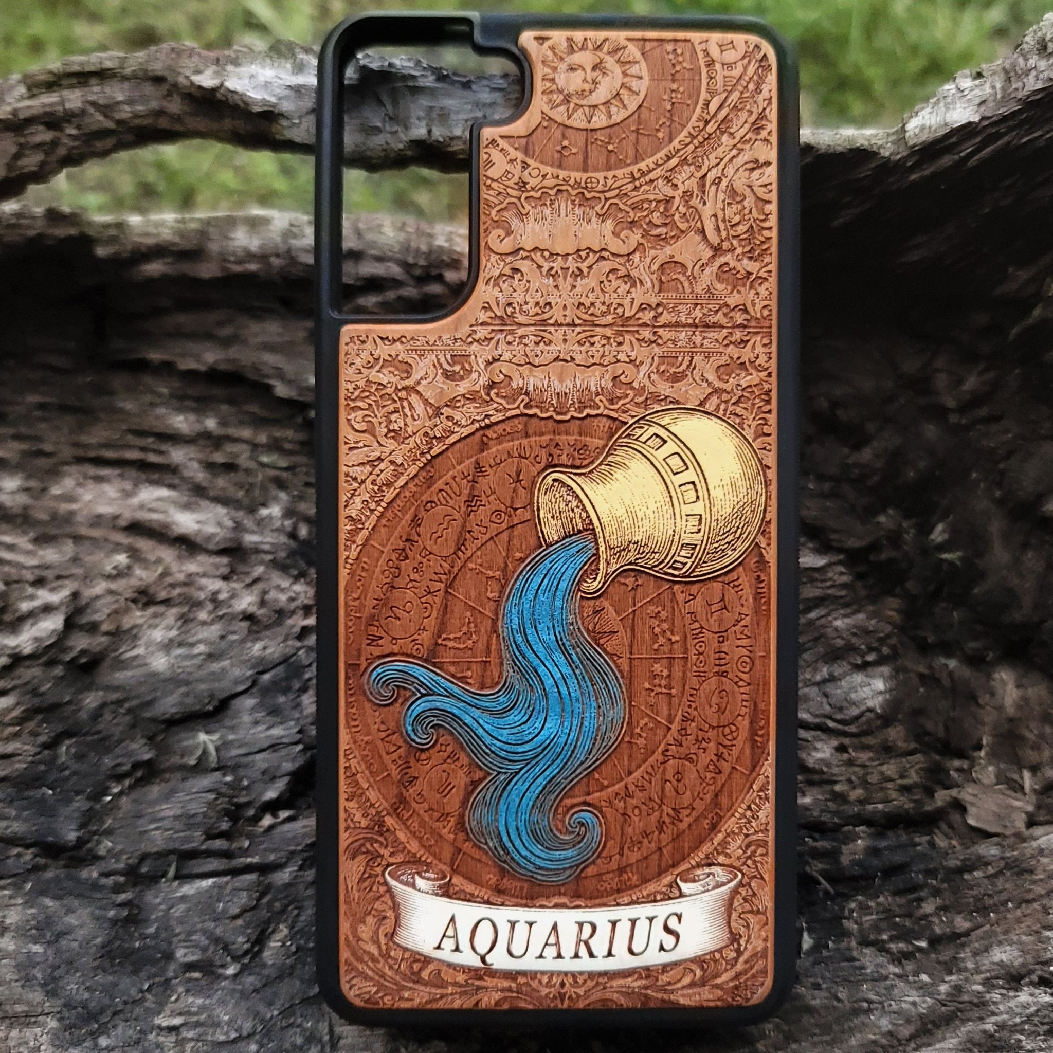 Aquarius zodiac wood phone case with hand-painted horoscope design