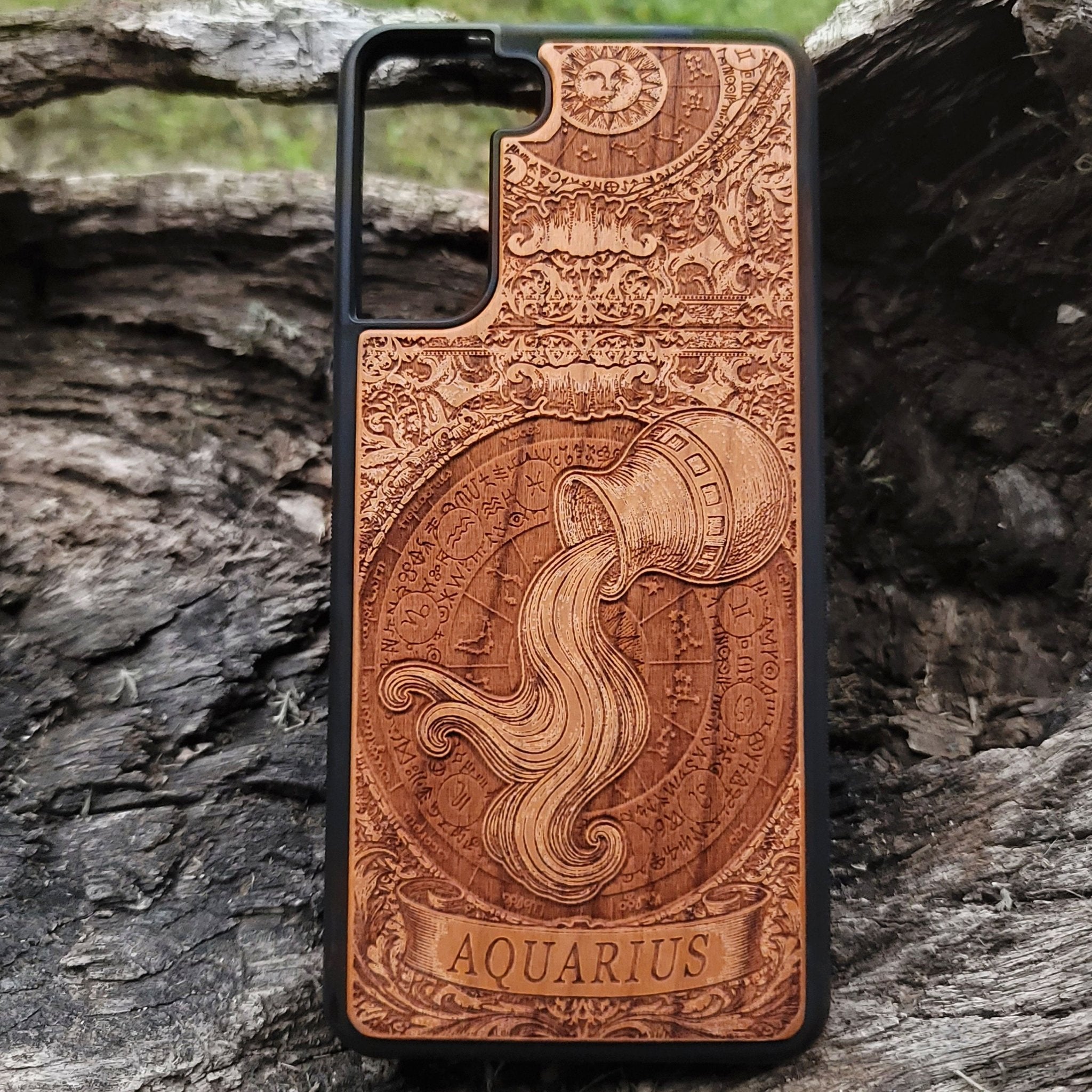 Aquarius constellation engraved on wood phone case
