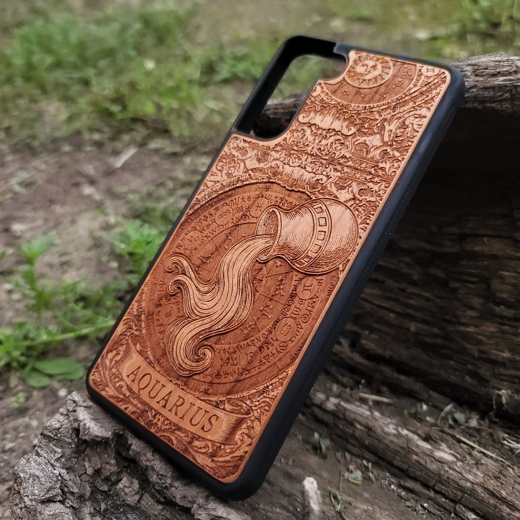 Handcrafted zodiac phone case with Aquarius symbol