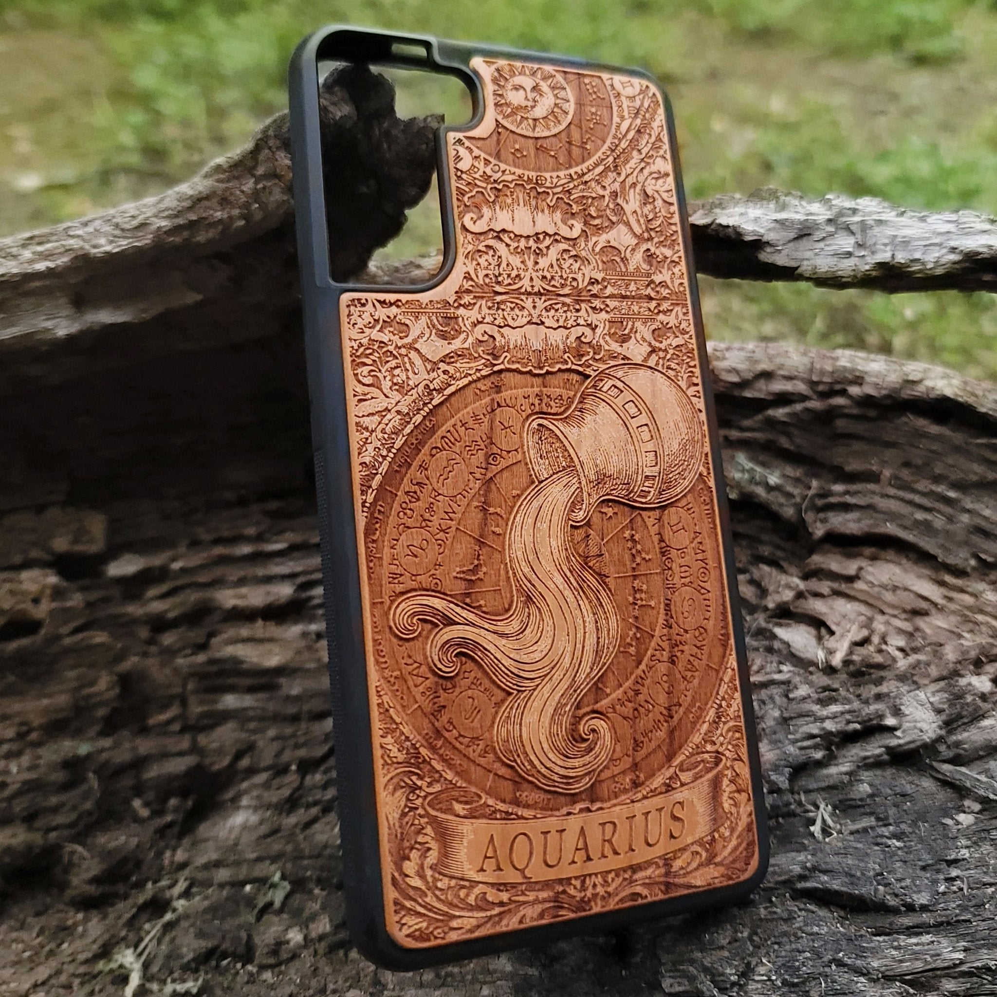 Rustic wood zodiac phone case with Aquarius emblem